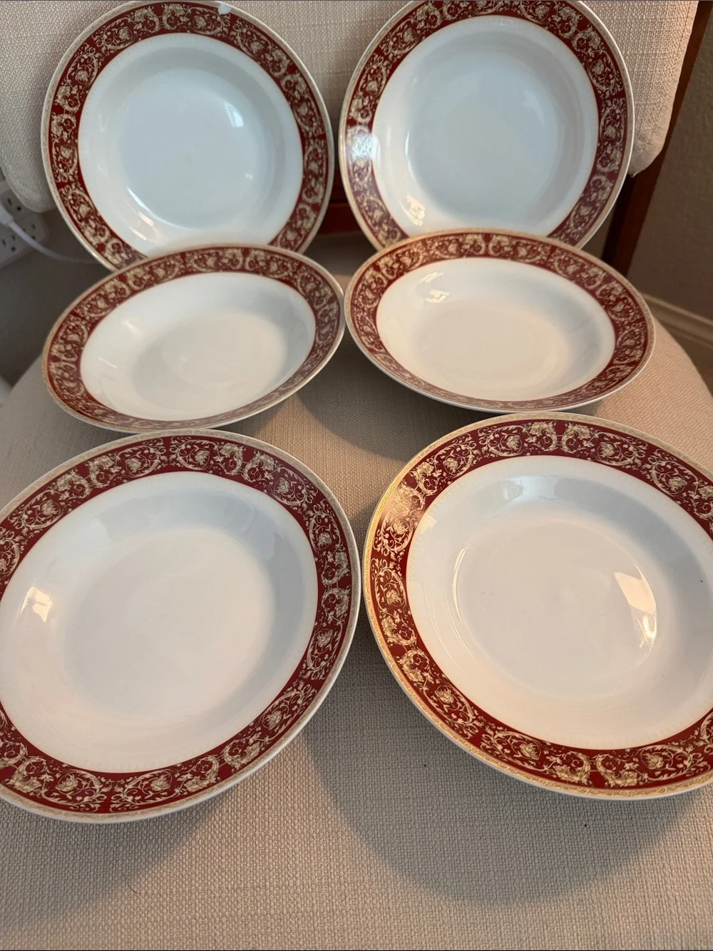 Elegant White Porcelain Soup Bowls with Red and Gold Border - Set of 6